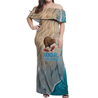 Kiwi Jandal Beach Life Off Shoulder Maxi Dress New Zealand Flip Flops Ocean Wave Surf Style TS04 Women Beige Cyan - Polynesian Pride