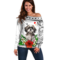 Polynesian Shih Tzu Off Shoulder Sweater Polynesian Pattern And Shih Tzu TS04 Women White - Polynesian Pride