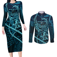 Chuuk Deep Into Truk Lagoon Couples Matching Long Sleeve Bodycon Dress and Long Sleeve Button Shirt Polynesian Tribal Pattern Wreck Diving Teal Ship Art
