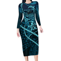 Chuuk Deep Into Truk Lagoon Family Matching Long Sleeve Bodycon Dress and Hawaiian Shirt Polynesian Tribal Pattern Wreck Diving Teal Ship Art TS04 Mom's Dress Blue Black - Polynesian Pride