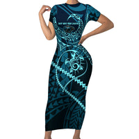 Chuuk Deep Into Truk Lagoon Family Matching Short Sleeve Bodycon Dress and Hawaiian Shirt Polynesian Tribal Pattern Wreck Diving Teal Ship Art TS04 Mom's Dress Blue Black - Polynesian Pride