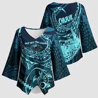 Chuuk Deep Into Truk Lagoon Kimono Sleeve Blouse Polynesian Tribal Pattern Wreck Diving Teal Ship Art