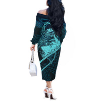 Chuuk Deep Into Truk Lagoon Off The Shoulder Long Sleeve Dress Polynesian Tribal Pattern Wreck Diving Teal Ship Art