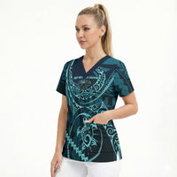 Chuuk Deep Into Truk Lagoon Scrub Top Polynesian Tribal Pattern Wreck Diving Teal Ship Art