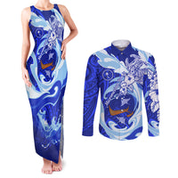 Chuuk Micronesian Roots Couples Matching Tank Maxi Dress and Long Sleeve Button Shirt Polynesian Tribal Pattern Hibiscus Flower And Stingray Art
