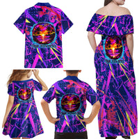 Chuuk Tropical Sunset Coordinates Family Matching Off Shoulder Maxi Dress and Hawaiian Shirt Neon Graffiti Polynesian Tribal