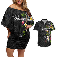 Kosrae Nautical Heritage Couples Matching Off Shoulder Short Dress and Hawaiian Shirt Polynesian Tribal Anchor With Plumeria Tropical Art