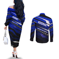 Kosrae Deep Sea Scuba Diving Couples Matching Off The Shoulder Long Sleeve Dress and Long Sleeve Button Shirt Blue Hole Beneath The Surface Coral Reef Graphic Art