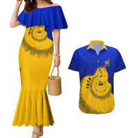 Kosrae Fafa Culinary Heritage Couples Matching Mermaid Dress and Hawaiian Shirt Kosraean Gold Taro Tradition Illustration With Coconut Leaves TS04 Blue Yellow - Polynesian Pride