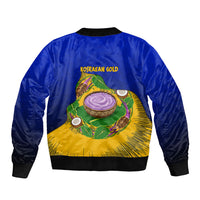 Kosrae Fafa Culinary Heritage Sleeve Zip Bomber Jacket Kosraean Gold Taro Tradition Illustration With Coconut Leaves
