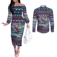 Tonga Christmas Couples Matching Off The Shoulder Long Sleeve Dress and Long Sleeve Button Shirt with Singing Whale Ocean Scene National Coat of Arms - Polynesian Pride