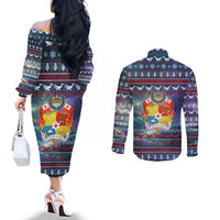 Tonga Christmas Couples Matching Off The Shoulder Long Sleeve Dress and Long Sleeve Button Shirt with Singing Whale Ocean Scene National Coat of Arms - Polynesian Pride