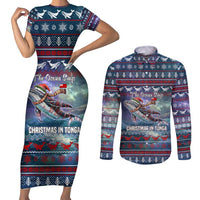 Tonga Christmas Couples Matching Short Sleeve Bodycon Dress and Long Sleeve Button Shirt with Singing Whale Ocean Scene National Coat of Arms - Polynesian Pride