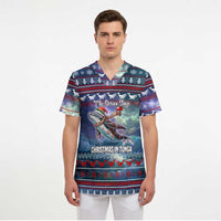 Tonga Christmas Scrub Top with Singing Whale Ocean Scene National Coat of Arms - Polynesian Pride