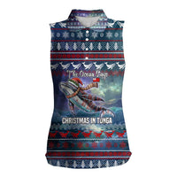 Tonga Christmas Women Sleeveless Polo Shirt with Singing Whale Ocean Scene National Coat of Arms - Polynesian Pride