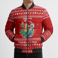 Tonga Christmas Bomber Puffer Jacket with Sea Turtle Coral Reef Design Snowflake Pattern and National Emblem - Polynesian Pride