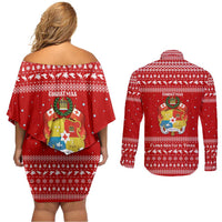 Tonga Christmas Couples Matching Off Shoulder Short Dress and Long Sleeve Button Shirt with Sea Turtle Coral Reef Design Snowflake Pattern and National Emblem - Polynesian Pride