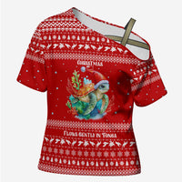 Tonga Christmas Cross Shoulder Shirt with Sea Turtle Coral Reef Design Snowflake Pattern and National Emblem - Polynesian Pride