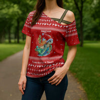 Tonga Christmas Cross Shoulder Shirt with Sea Turtle Coral Reef Design Snowflake Pattern and National Emblem - Polynesian Pride