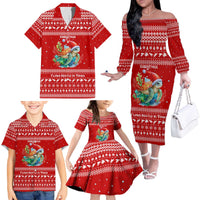 Tonga Christmas Family Matching Off The Shoulder Long Sleeve Dress and Hawaiian Shirt with Sea Turtle Coral Reef Design Snowflake Pattern and National Emblem - Polynesian Pride