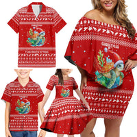 Tonga Christmas Family Matching Off Shoulder Short Dress and Hawaiian Shirt with Sea Turtle Coral Reef Design Snowflake Pattern and National Emblem - Polynesian Pride