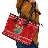 Tonga Christmas Leather Tote Bag with Sea Turtle Coral Reef Design Snowflake Pattern and National Emblem - Polynesian Pride