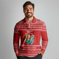 Tonga Christmas Long Sleeve Polo Shirt with Sea Turtle Coral Reef Design Snowflake Pattern and National Emblem - Polynesian Pride