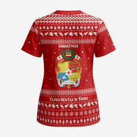 Tonga Christmas Scrub Top with Sea Turtle Coral Reef Design Snowflake Pattern and National Emblem - Polynesian Pride