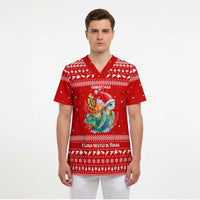 Tonga Christmas Scrub Top with Sea Turtle Coral Reef Design Snowflake Pattern and National Emblem - Polynesian Pride