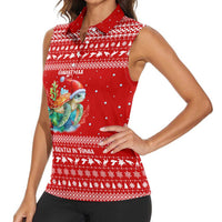 Tonga Christmas Women Sleeveless Polo Shirt with Sea Turtle Coral Reef Design Snowflake Pattern and National Emblem - Polynesian Pride