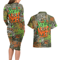 Yeah Nah Graffiti Skull New Zealand Slang Couples Matching Long Sleeve Bodycon Dress and Hawaiian Shirt Kiwi Grunge Brick Wall and Bold Urban Street Art TS04 - Polynesian Pride