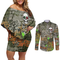 Yeah Nah Graffiti Skull New Zealand Slang Couples Matching Off Shoulder Short Dress and Long Sleeve Button Shirt Kiwi Grunge Brick Wall and Bold Urban Street Art TS04 Multicolor - Polynesian Pride