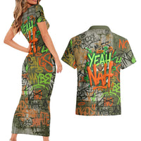 Yeah Nah Graffiti Skull New Zealand Slang Couples Matching Short Sleeve Bodycon Dress and Hawaiian Shirt Kiwi Grunge Brick Wall and Bold Urban Street Art TS04 - Polynesian Pride