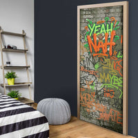 Yeah Nah Graffiti Skull New Zealand Slang Door Cover Kiwi Grunge Brick Wall and Bold Urban Street Art