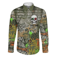 Yeah Nah Graffiti Skull New Zealand Slang Family Matching Off Shoulder Short Dress and Hawaiian Shirt Kiwi Grunge Brick Wall and Bold Urban Street Art TS04 Dad's Shirt - Long Sleeve Multicolor - Polynesian Pride