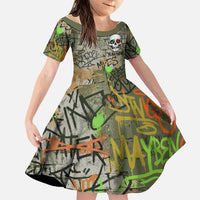 Yeah Nah Graffiti Skull New Zealand Slang Family Matching Short Sleeve Bodycon Dress and Hawaiian Shirt Kiwi Grunge Brick Wall and Bold Urban Street Art TS04 Daughter's Dress Multicolor - Polynesian Pride