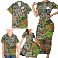 Yeah Nah Graffiti Skull New Zealand Slang Family Matching Short Sleeve Bodycon Dress and Hawaiian Shirt Kiwi Grunge Brick Wall and Bold Urban Street Art TS04 - Polynesian Pride