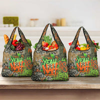 Yeah Nah Graffiti Skull New Zealand Slang Grocery Bag Kiwi Grunge Brick Wall and Bold Urban Street Art