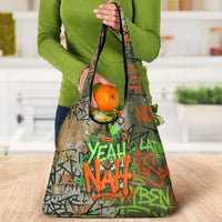 Yeah Nah Graffiti Skull New Zealand Slang Grocery Bag Kiwi Grunge Brick Wall and Bold Urban Street Art