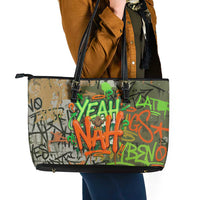 Yeah Nah Graffiti Skull New Zealand Slang Leather Tote Bag Kiwi Grunge Brick Wall and Bold Urban Street Art