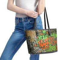 Yeah Nah Graffiti Skull New Zealand Slang Leather Tote Bag Kiwi Grunge Brick Wall and Bold Urban Street Art