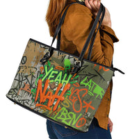 Yeah Nah Graffiti Skull New Zealand Slang Leather Tote Bag Kiwi Grunge Brick Wall and Bold Urban Street Art