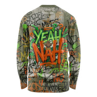 Yeah Nah Graffiti Skull New Zealand Slang Long Sleeve Shirt Kiwi Grunge Brick Wall and Bold Urban Street Art