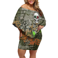 Yeah Nah Graffiti Skull New Zealand Slang Off Shoulder Short Dress Kiwi Grunge Brick Wall and Bold Urban Street Art