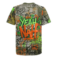 Yeah Nah Graffiti Skull New Zealand Slang Rugby Jersey Kiwi Grunge Brick Wall and Bold Urban Street Art