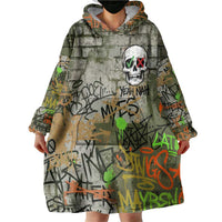Yeah Nah Graffiti Skull New Zealand Slang Wearable Blanket Hoodie Kiwi Grunge Brick Wall and Bold Urban Street Art