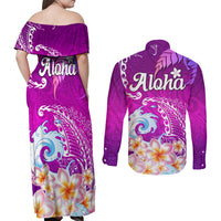 Hawaii Plumeria Flower Couples Matching Off Shoulder Maxi Dress and Long Sleeve Button Shirts Plumeria FLowers And Polynesian Pattern TS04 - Polynesian Pride