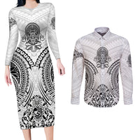 Hawaii Polynesian Couples Matching Long Sleeve Bodycon Dress and Long Sleeve Button Shirts Warrior symbol TS04 White - Polynesian Pride