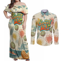 NZ Slang Sweet As Kiwi Shaka Sign Couples Matching Off Shoulder Maxi Dress and Long Sleeve Button Shirt New Zealand Surfboards Sun and Tropical Beach Retro TS04 Beige - Polynesian Pride