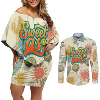 NZ Slang Sweet As Kiwi Shaka Sign Couples Matching Off Shoulder Short Dress and Long Sleeve Button Shirt New Zealand Surfboards Sun and Tropical Beach Retro TS04 Beige - Polynesian Pride